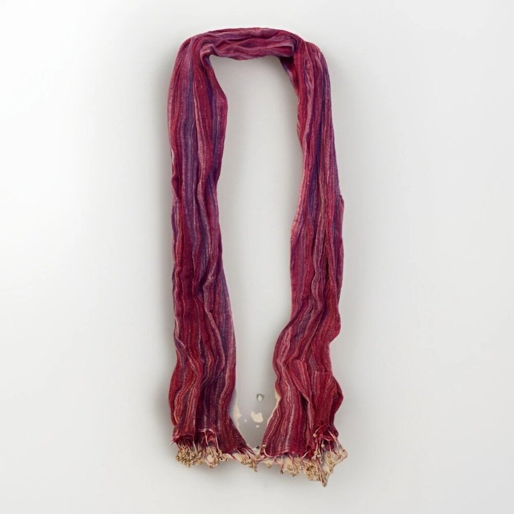 Nomadic Traders 70" x 30" Pink Red Striped Scarf Head Wrap Beaded Fringe